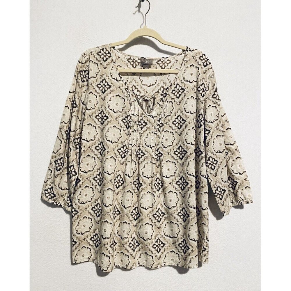 J Jill Peasant Top Womens Large Pleated Front Tie Neck 3/4 Sleeve Cotton Boho